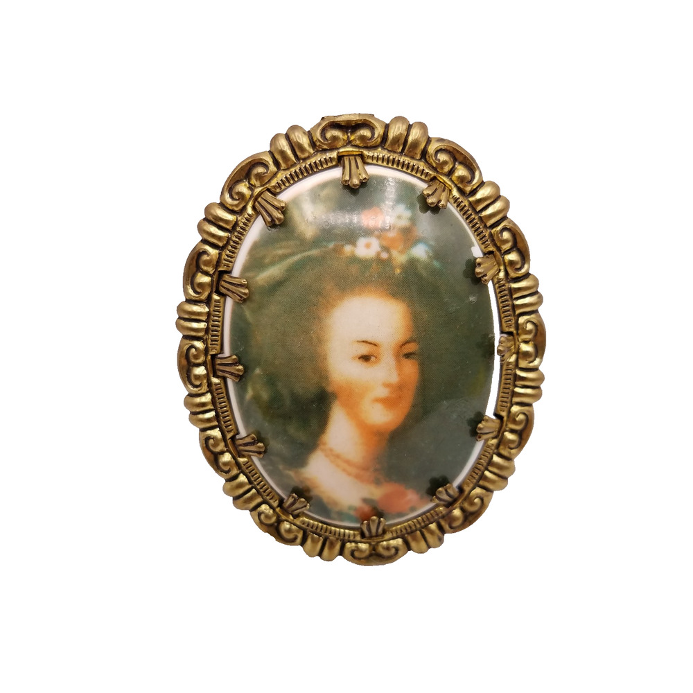 Vintage Brooch Victorian Lady Woman Transfer Portrait Gold Tone Western Germany